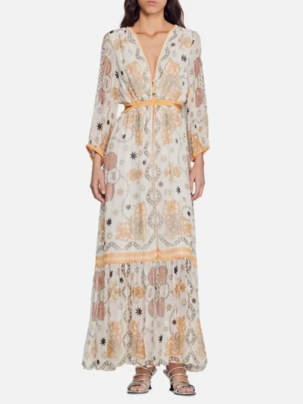 Sandro Valldemossa Metallic Scarf Print Maxi Dress